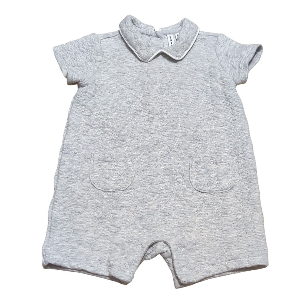Janie and Jack Quilted Collared Grey One Piece Romper Sz 6-12M Heather Grey Snap